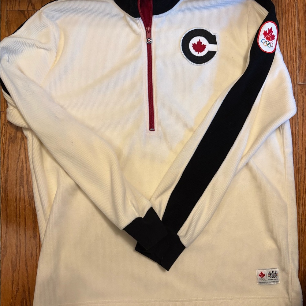 Cream and Black Zip Up Sweater with Sporty Stripe